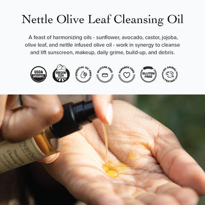 Nettle Olive Leaf Cleansing Oil | Organic Facial Oil Cleanser for Makeup, Cosmetics, Sunscreen | Gentle Esssential Oil Free Cleanser for Sensitive, Congested Skin